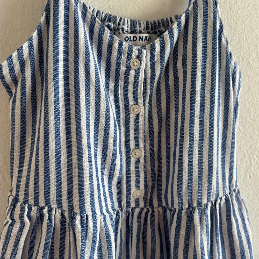 Old Navy Girls Blue and White Striped romper with pockets - Picture 2 of 8